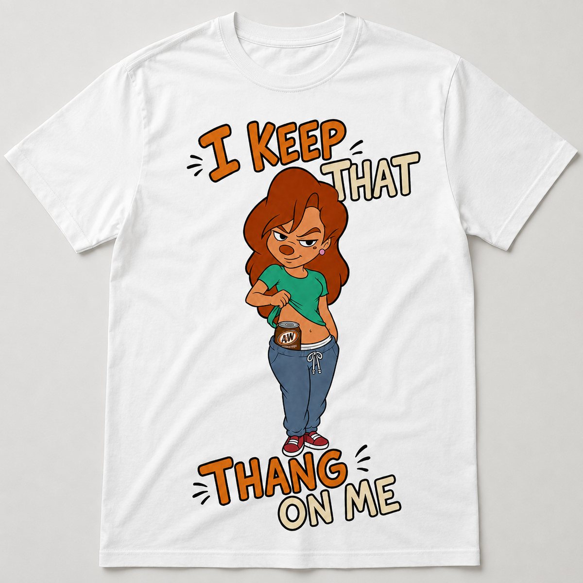 White T-shirt with cartoon woman lifting shirt and brown can graphic