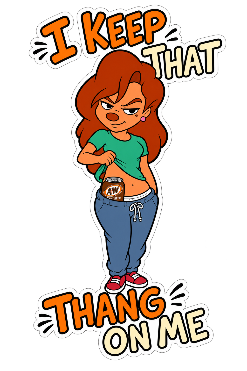 Cartoon woman lifting shirt with brown can 4 inch vinyl sticker