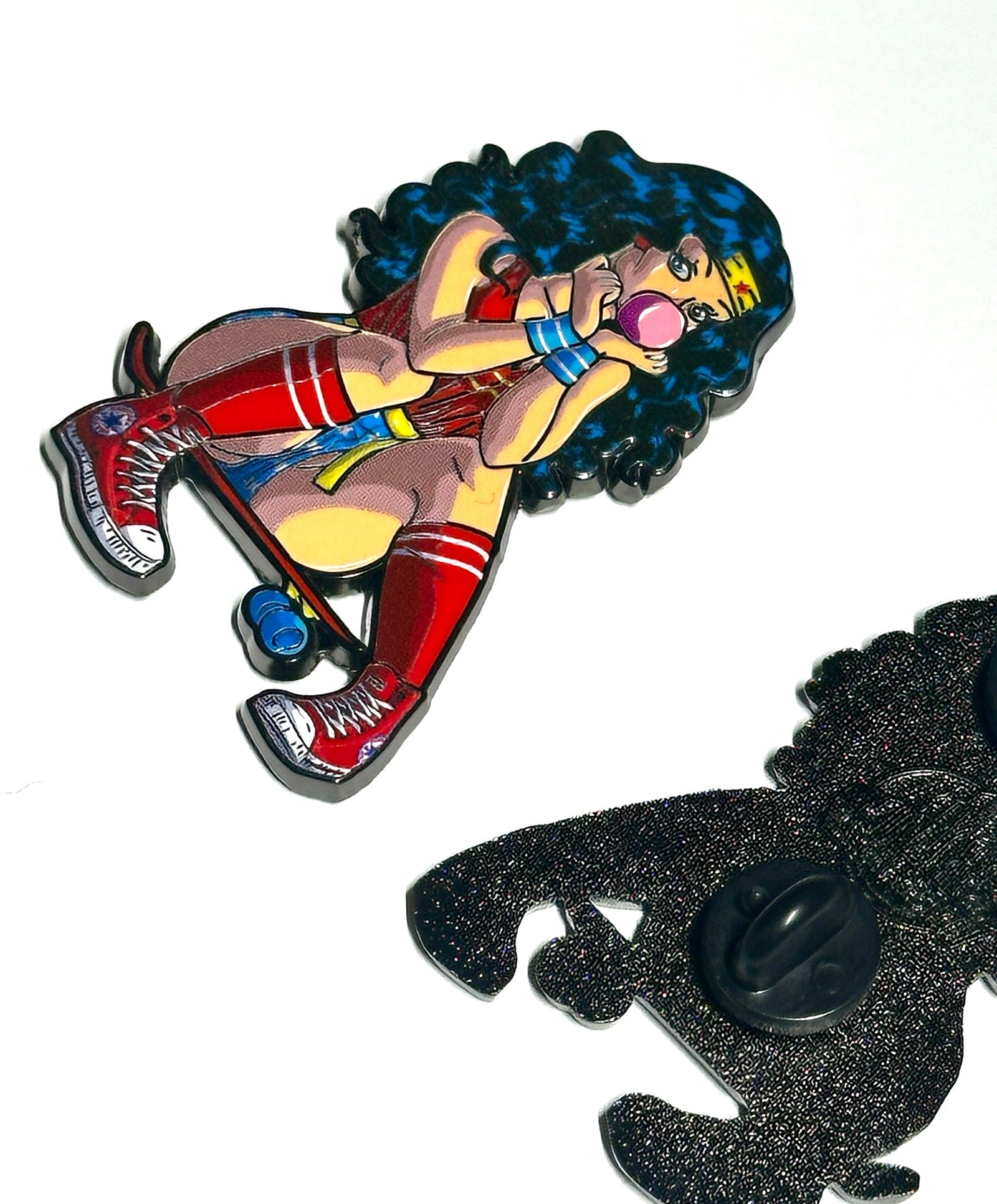 Bubblegum cartoon heroine enamel pin front and back angled view