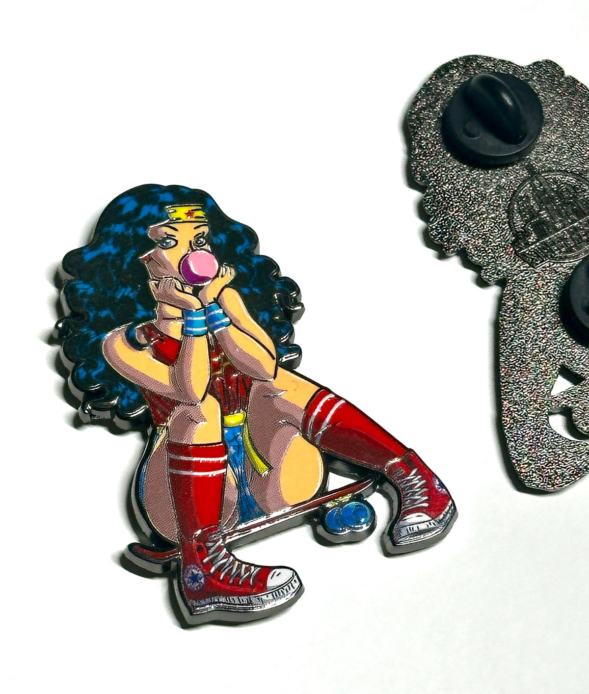 Bubblegum skateboard heroine enamel pin angled view
