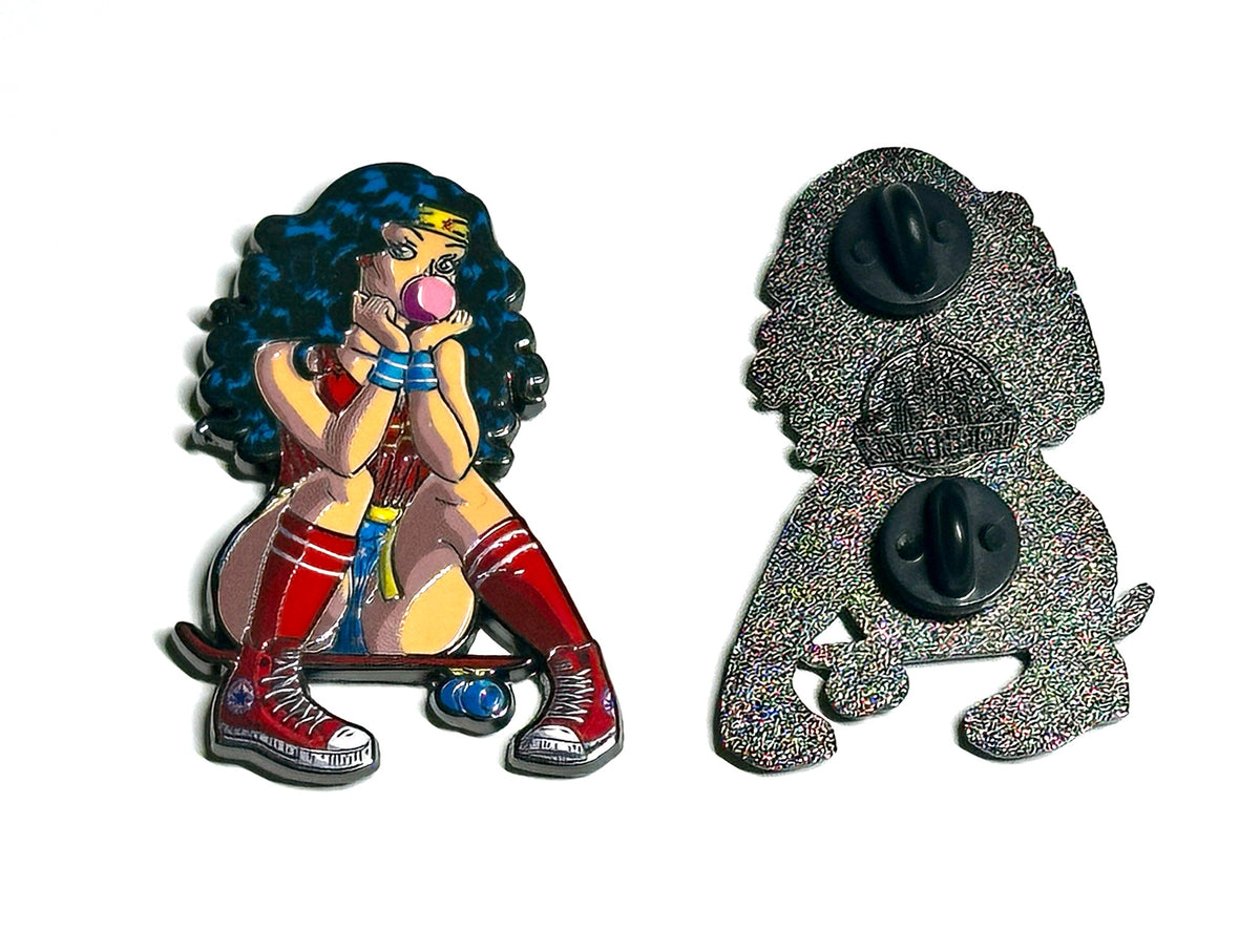 Bubblegum skater enamel pin front and back view