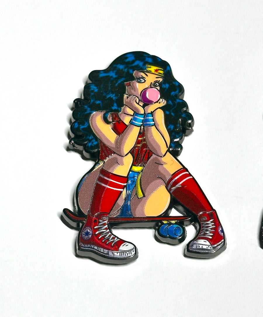 Bubblegum skater heroine enamel pin front view