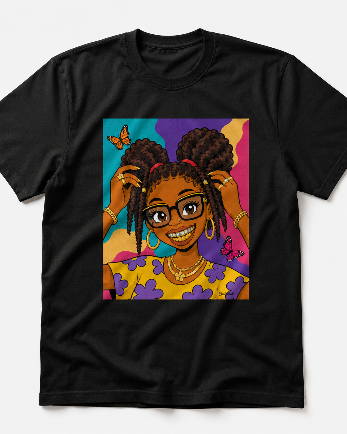 Butterfly Bloom Black girl cartoon portrait graphic on black t-shirt