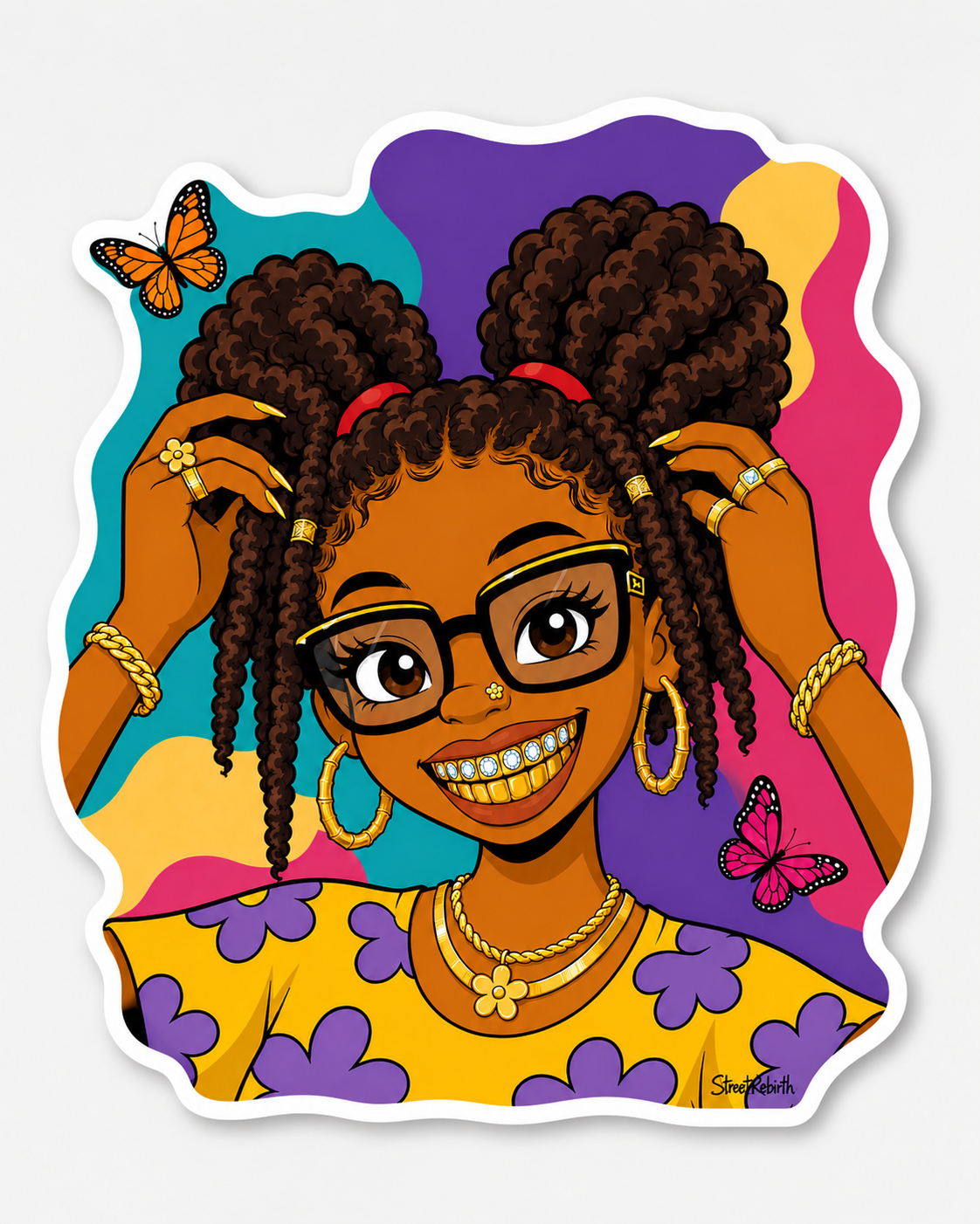 Butterfly Bloom Black girl cartoon portrait die-cut sticker mockup
