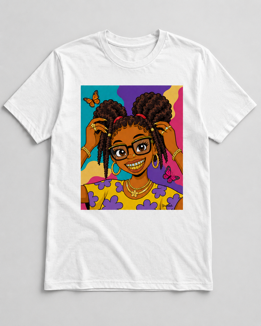 Butterfly Bloom Black girl cartoon portrait graphic on white t-shirt