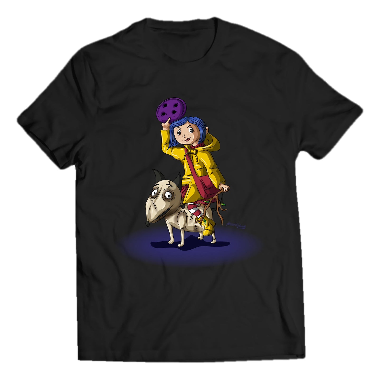 Fantasy cartoon girl riding stitched dog on black crewneck graphic tee with smooth shirt outline