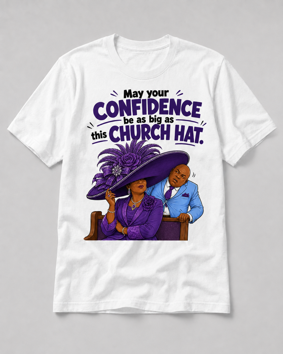 Funny church hat confidence graphic t-shirt in white with purple church humor art