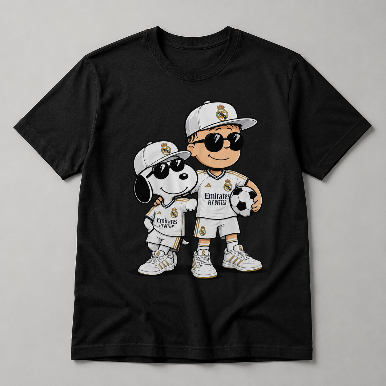 Classic white soccer fan duo graphic on black T-shirt