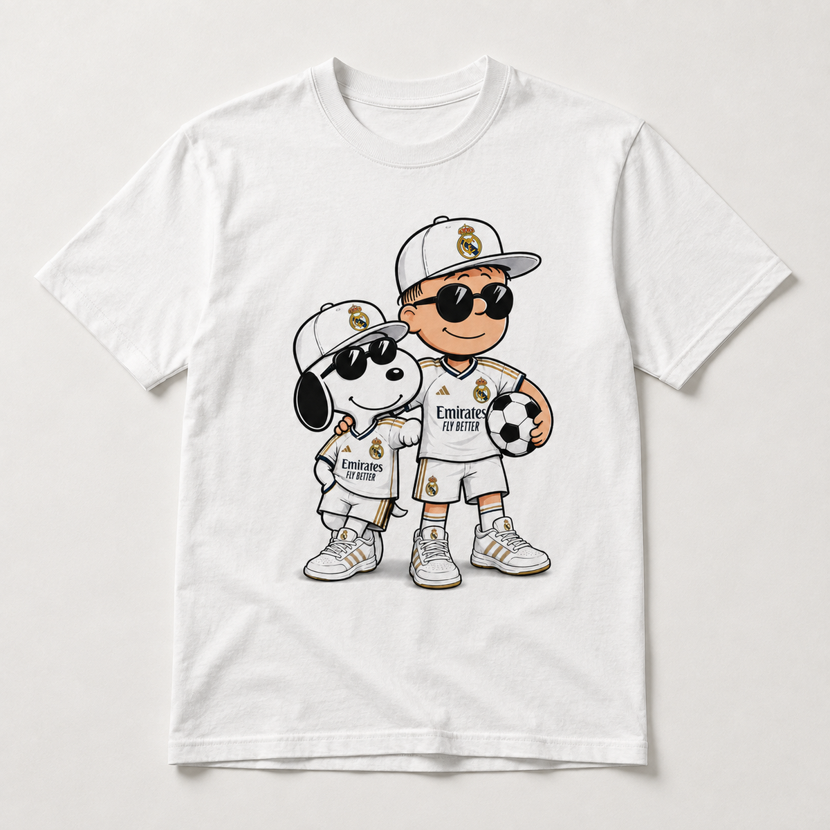 Classic white soccer fan duo graphic on white T-shirt