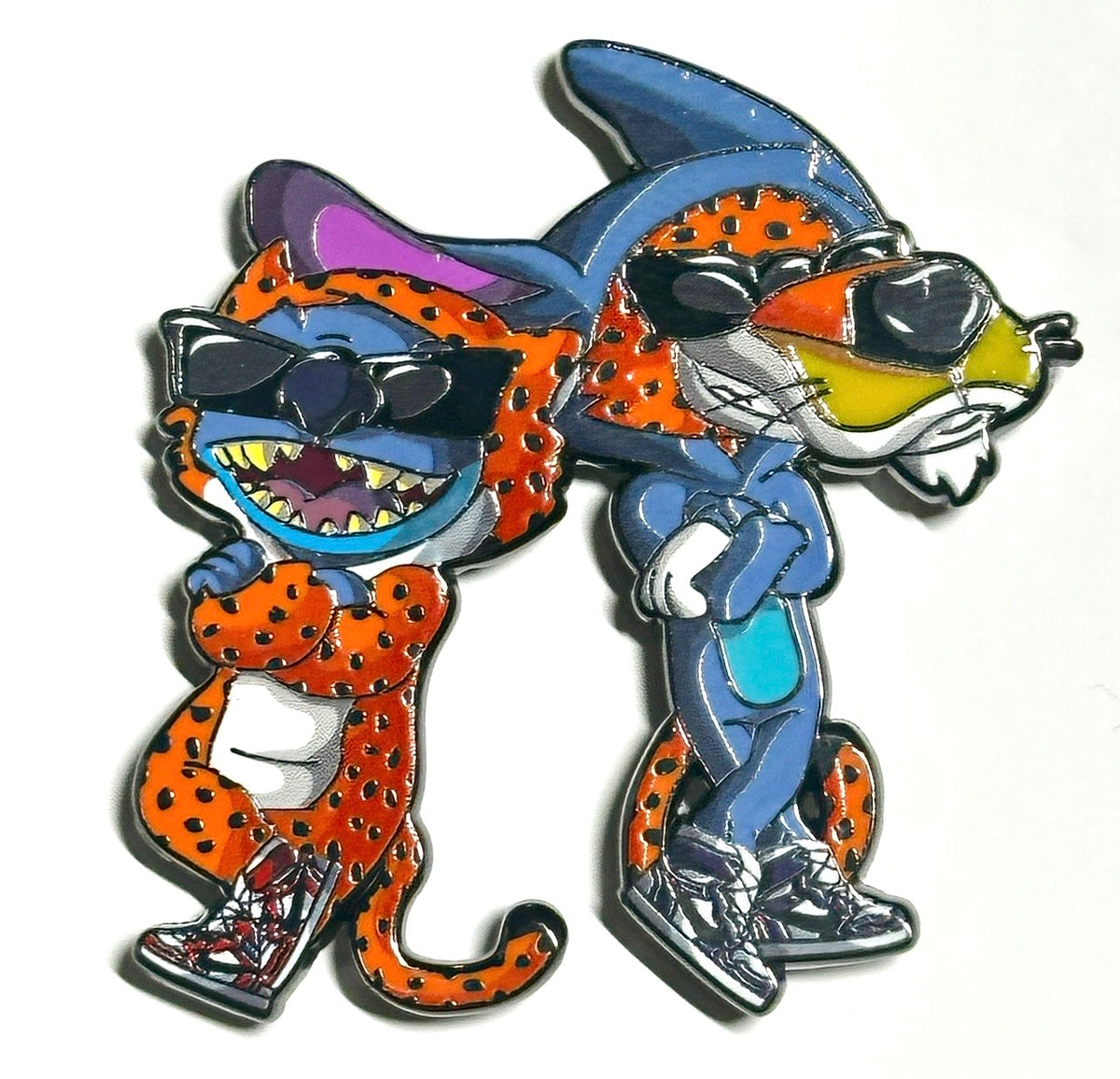 Blue alien cheetah print and cool bunny sunglasses duo enamel pin