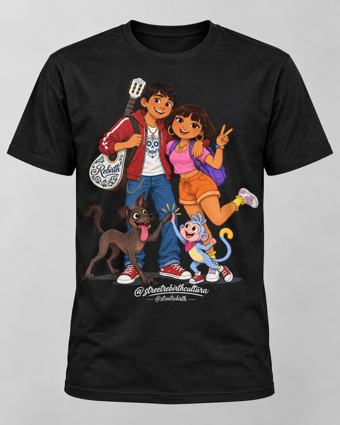 Cultura adventure duo with guitar, backpack, monkey and dog graphic tee on black shirt