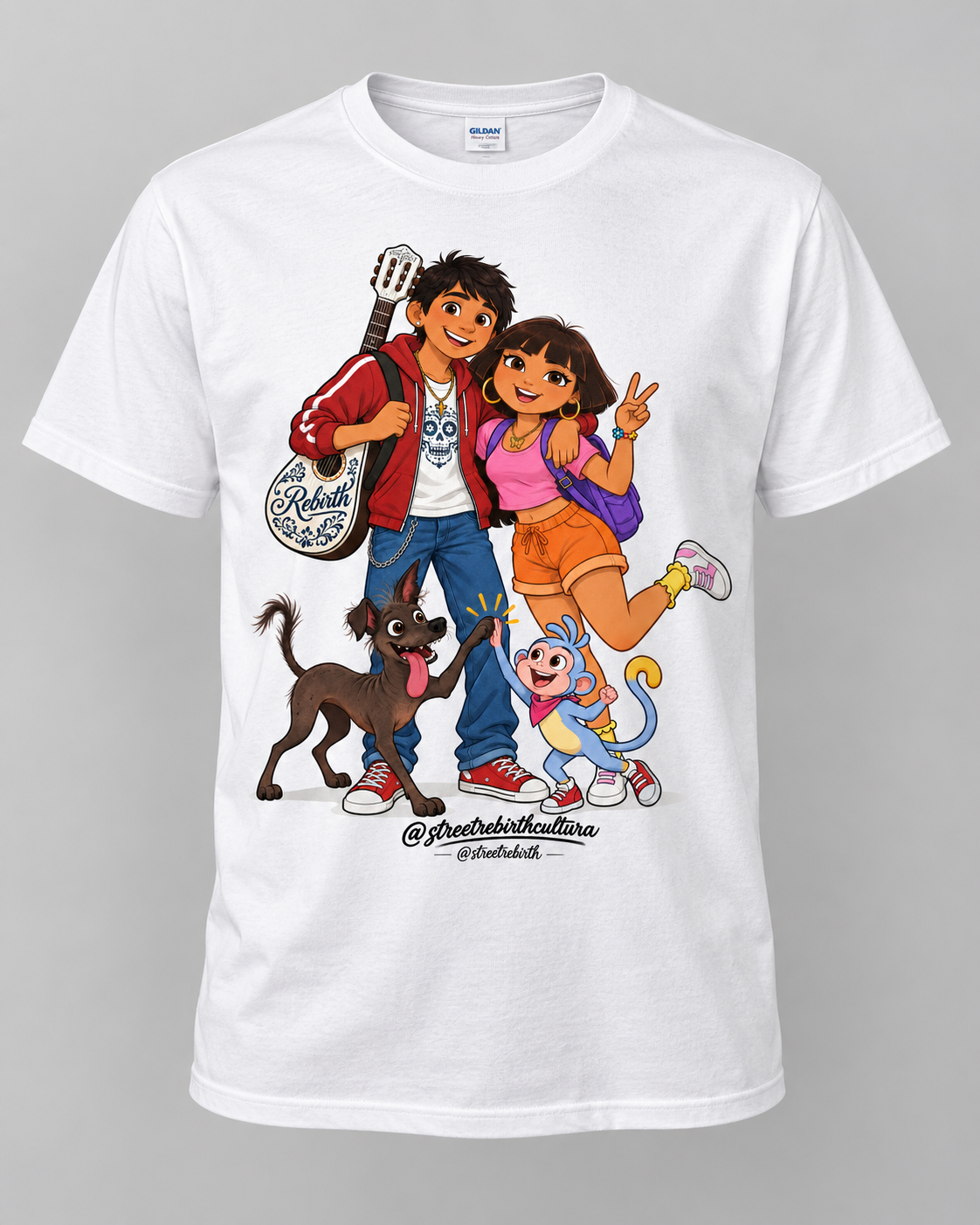 Cultura adventure duo with guitar, backpack, monkey and dog graphic tee on white shirt