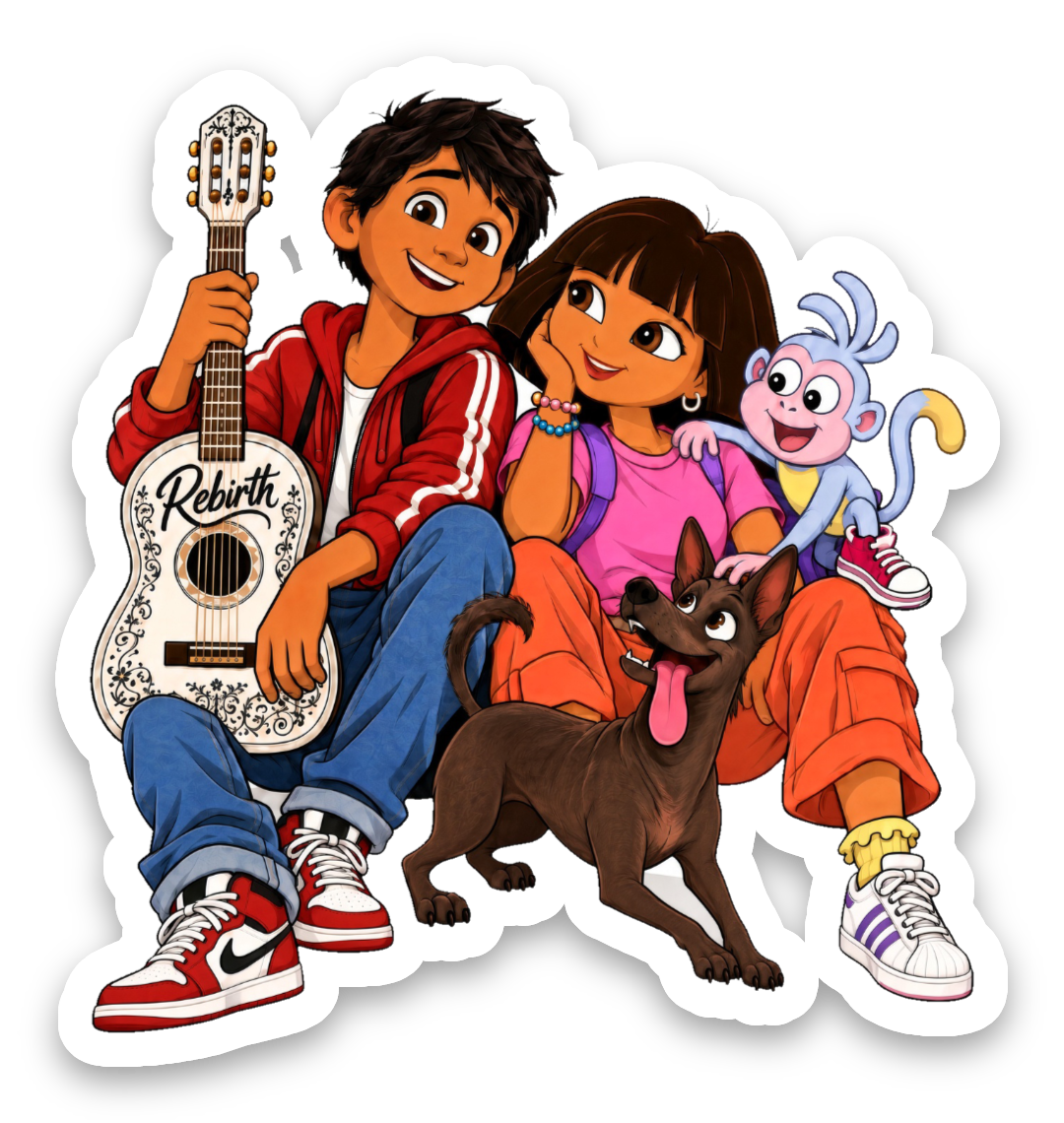 Cultura young dreamers with guitar, monkey and dog matte vinyl sticker mockup