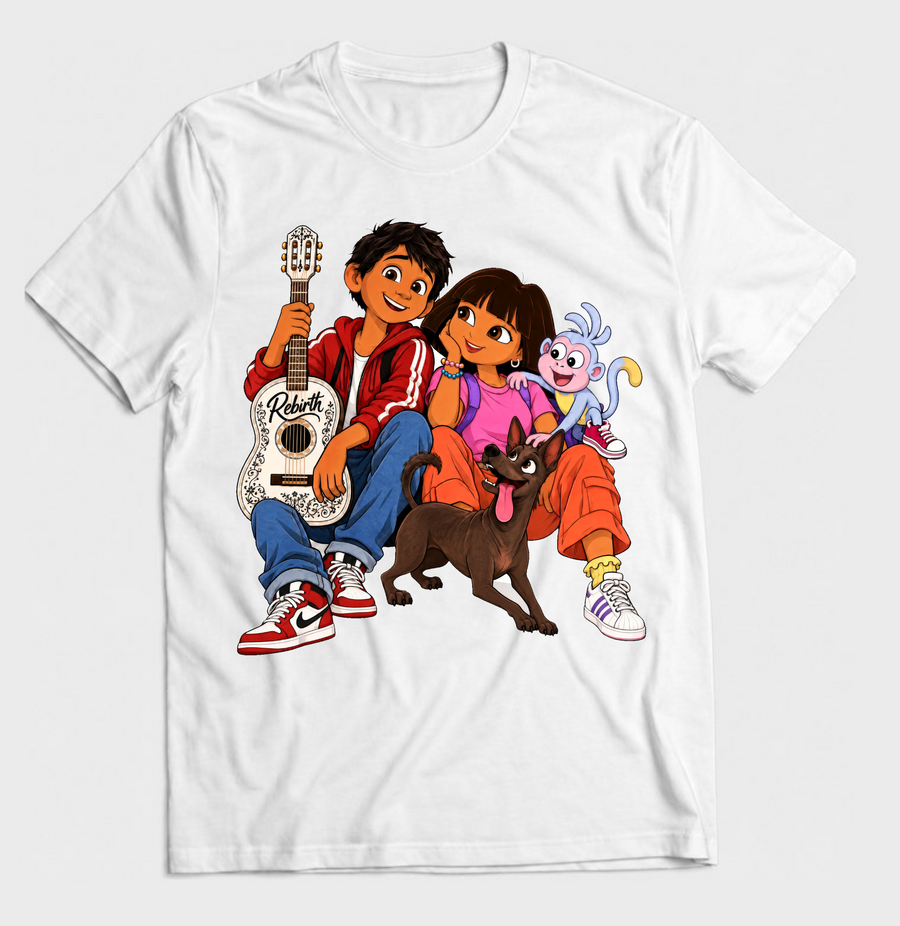 Cultura young dreamers with guitar, monkey and dog graphic tee on white shirt