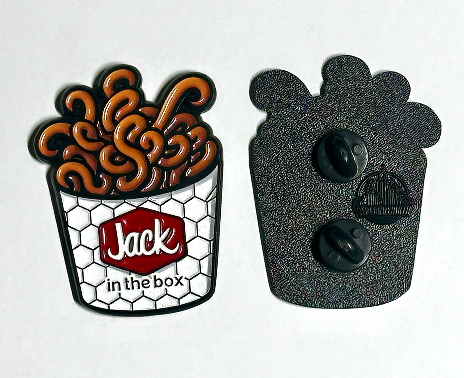 curly fries enamel pin front and back view