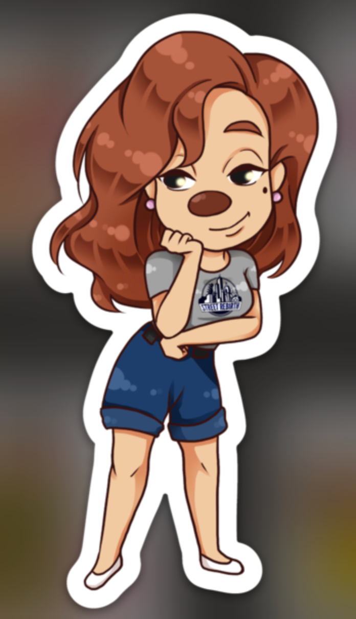 Cute chibi red-haired 90s cartoon girl in gray tee and blue shorts