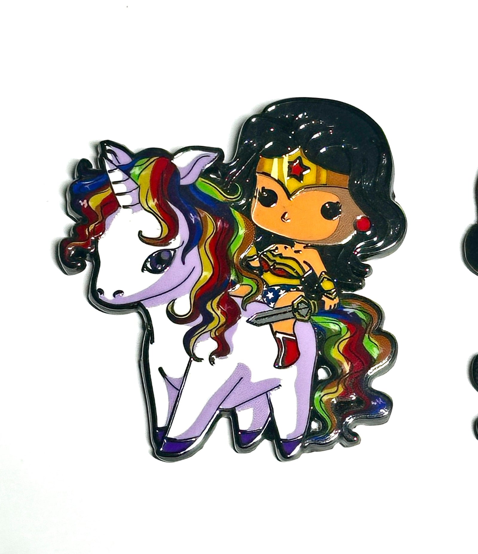 Cute fantasy heroine riding rainbow unicorn enamel pin close-up