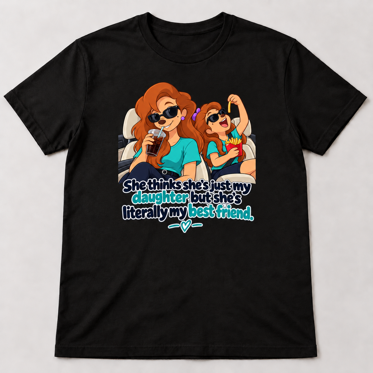 Black graphic T-shirt featuring cartoon mother and daughter wearing sunglasses in a car with best friend message