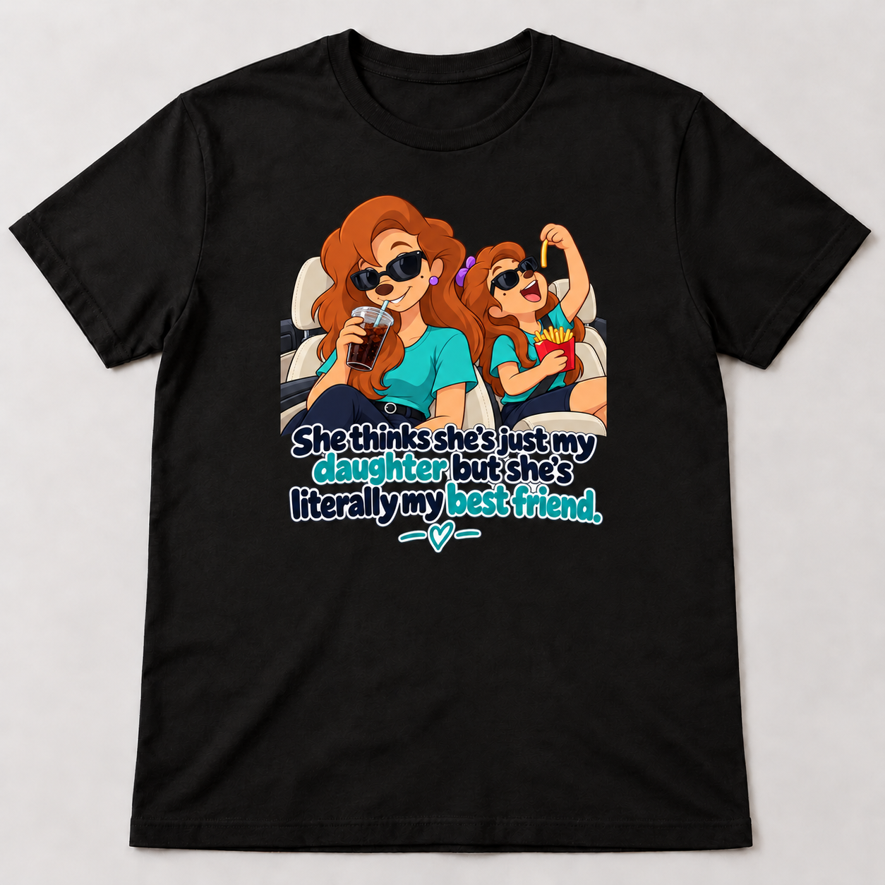 Black graphic T-shirt featuring cartoon mother and daughter wearing sunglasses in a car with best friend message