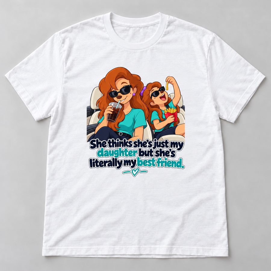White graphic T-shirt featuring cartoon mother and daughter in a car with daughter is my best friend quote