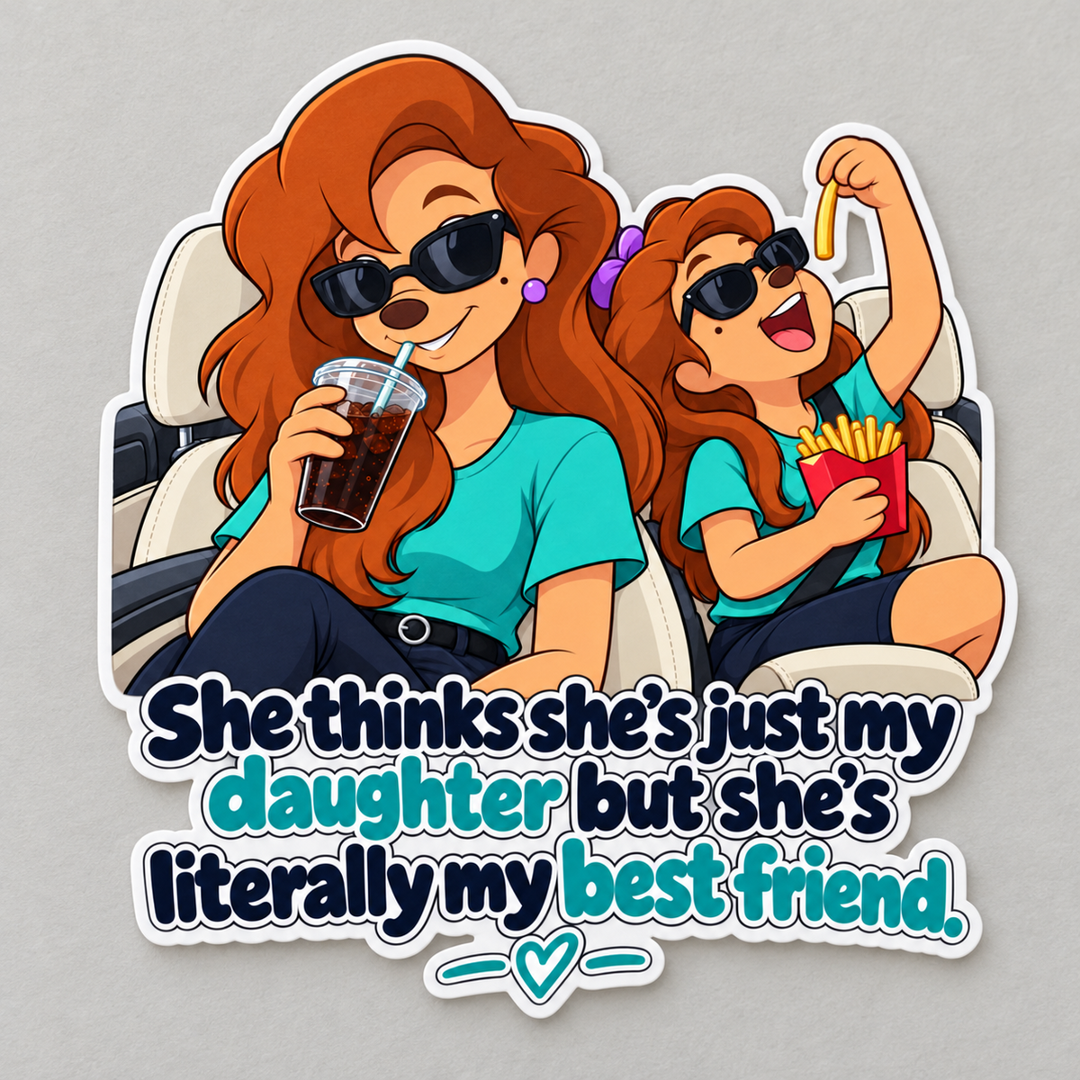 4 inch matte vinyl sticker with mother and daughter in car with best friend quote and teal hand lettering