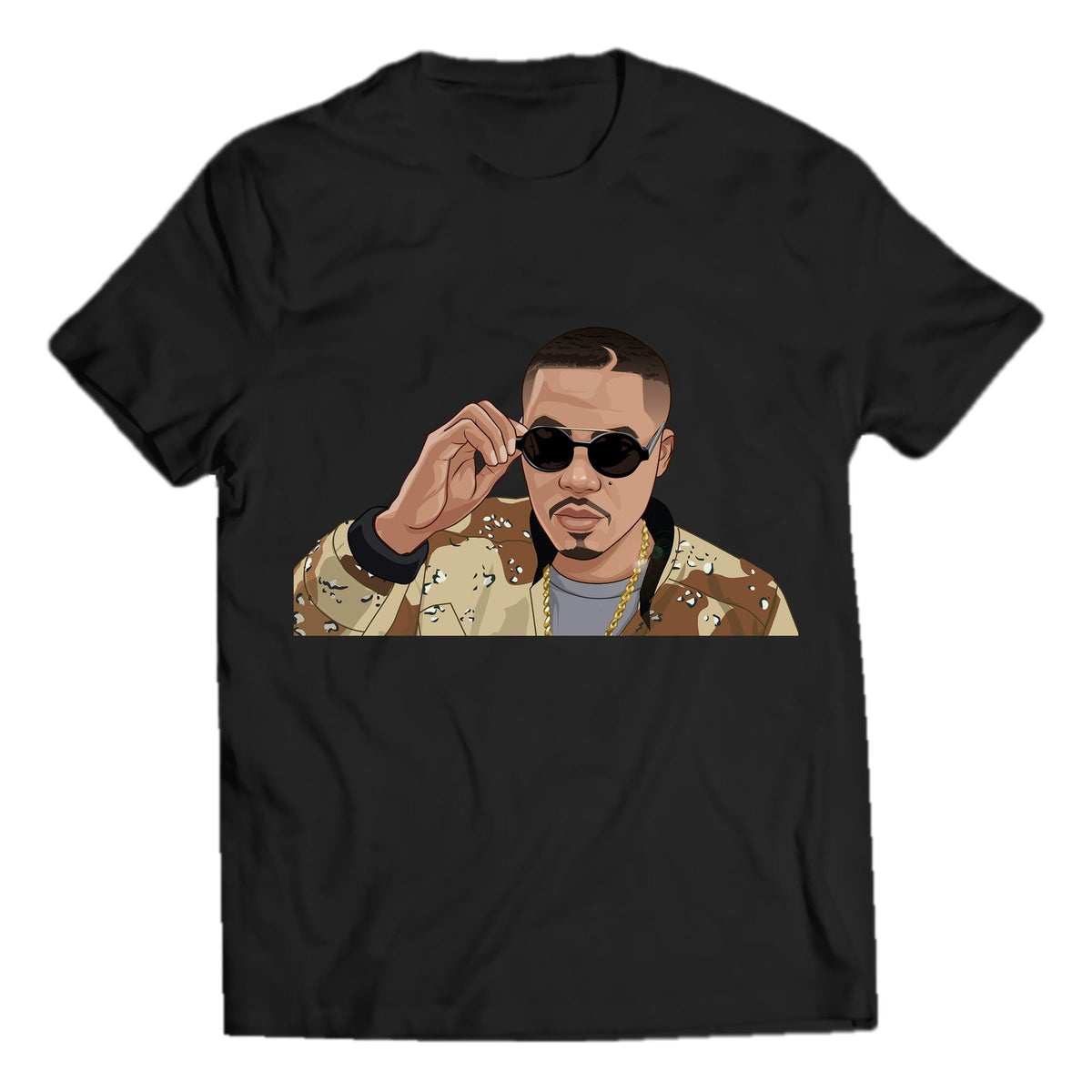 Golden era portrait with camouflage jacket on black crewneck T-shirt; refined smooth shirt edges