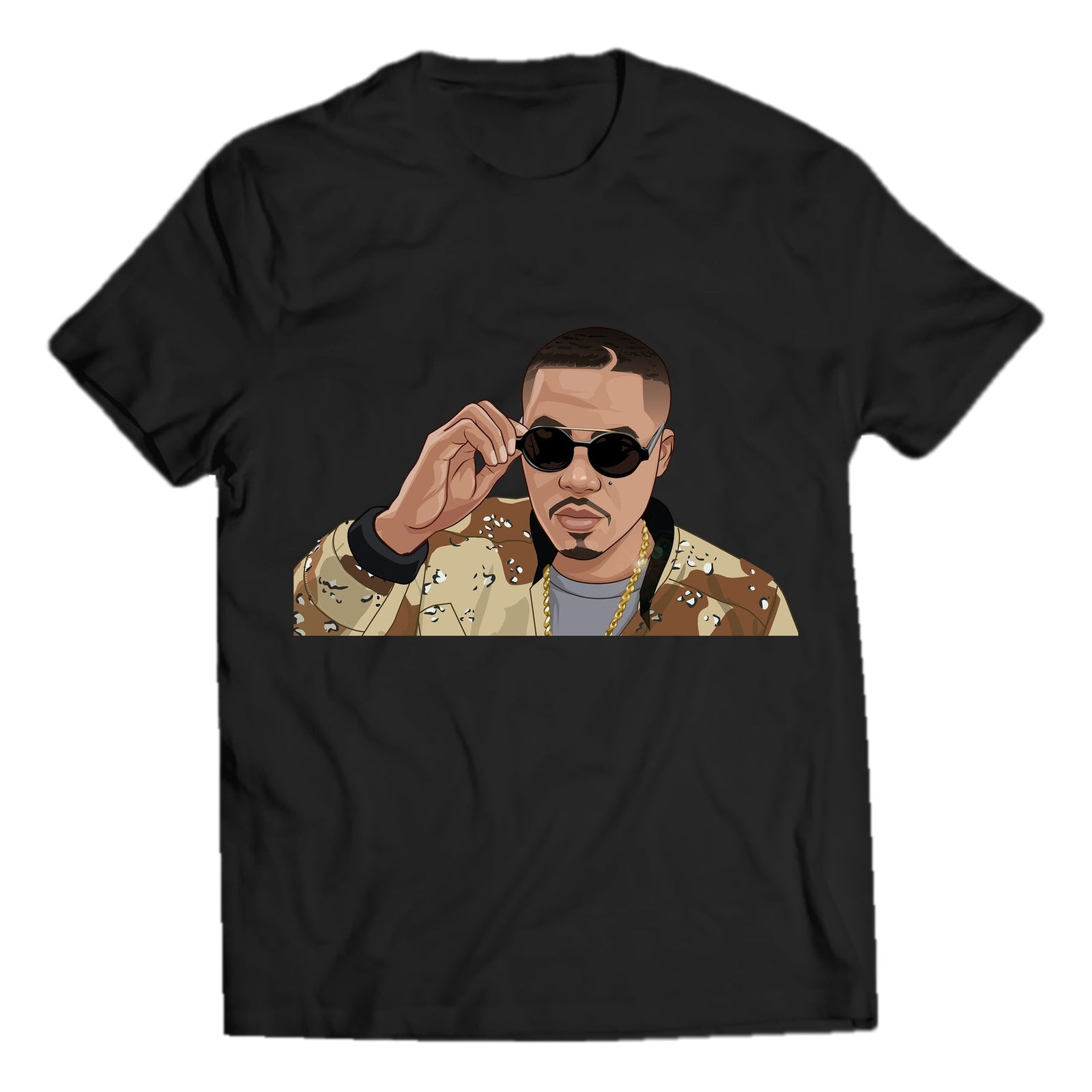 Golden era portrait with camouflage jacket on black crewneck T-shirt; refined smooth shirt edges