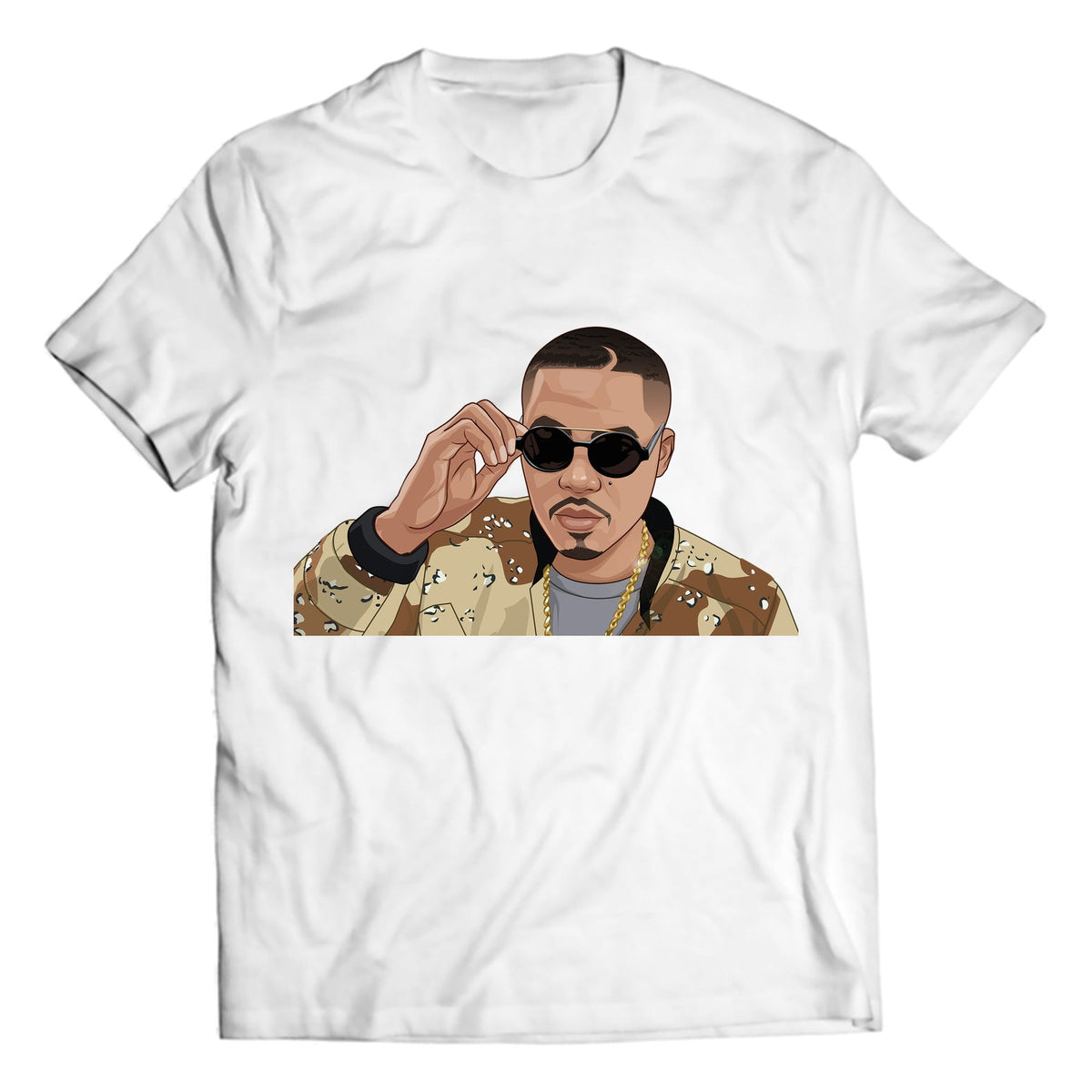 Golden era music portrait with sunglasses and camouflage jacket on a white crewneck T-shirt, studio flat lay