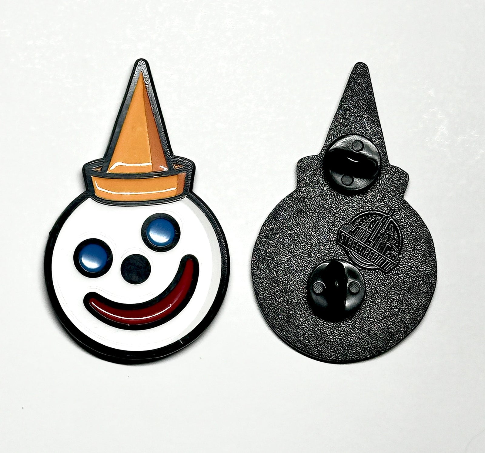 drive-thru clown mascot enamel pin with two-post backing