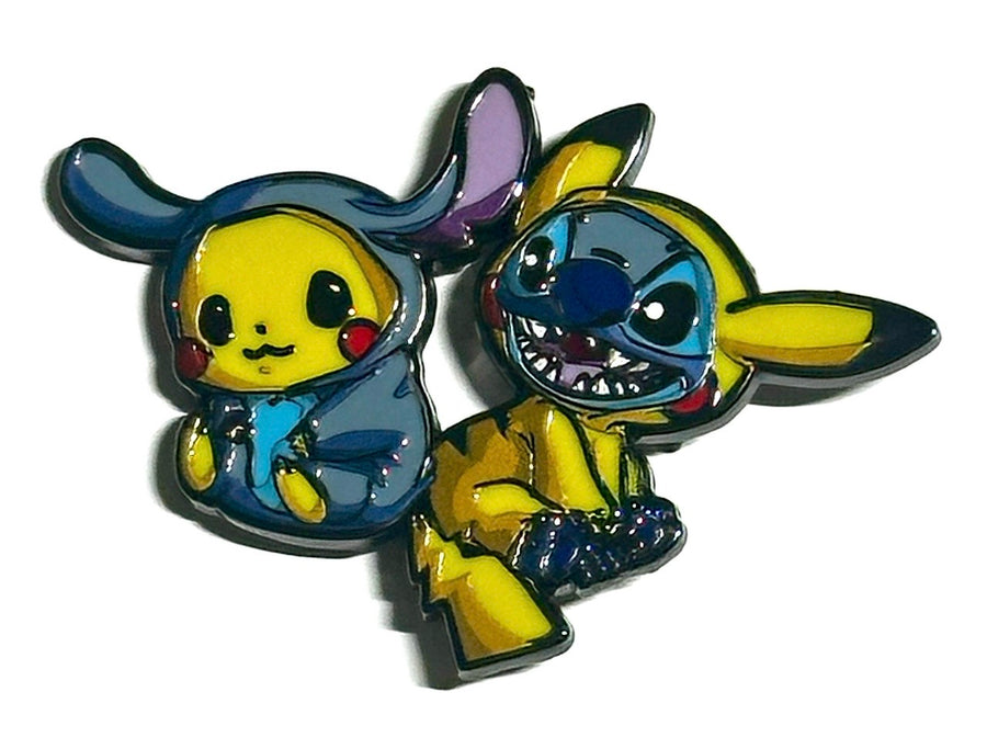 Blue alien and yellow electric mouse costume duo enamel pin