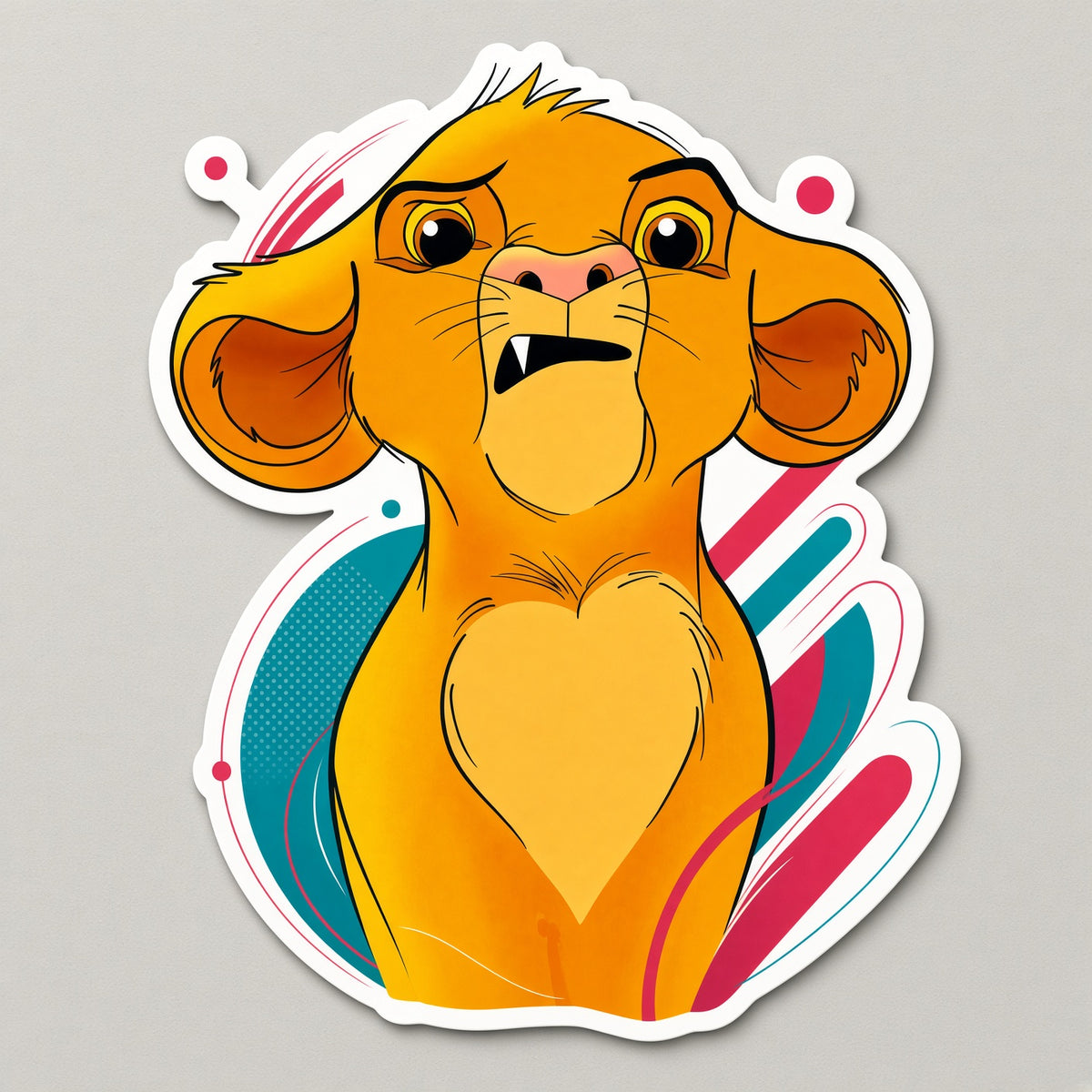 Expressive golden lion cub portrait with teal and pink abstract accents matte vinyl sticker