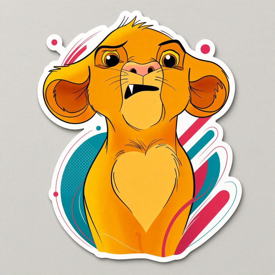 Expressive golden lion cub portrait with teal and pink abstract accents matte vinyl sticker