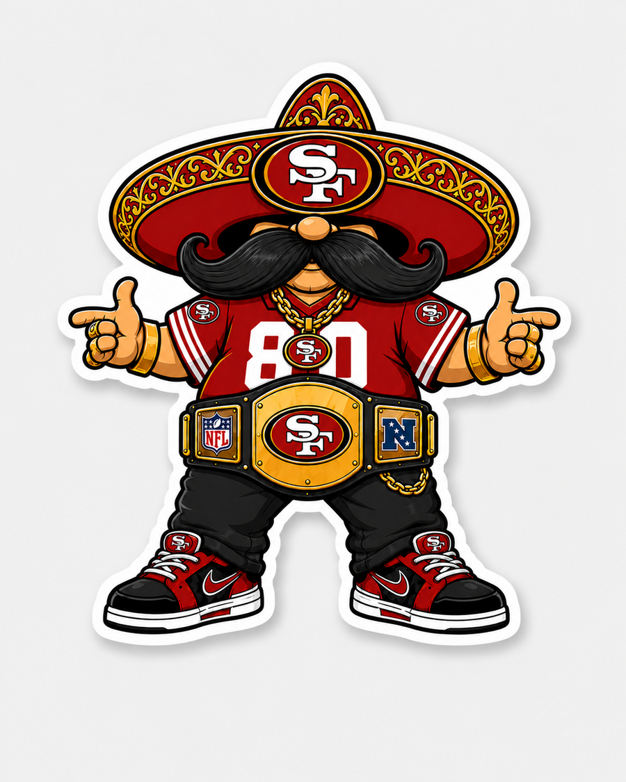 Red and gold Bay Area football fiesta champion sombrero character vinyl sticker