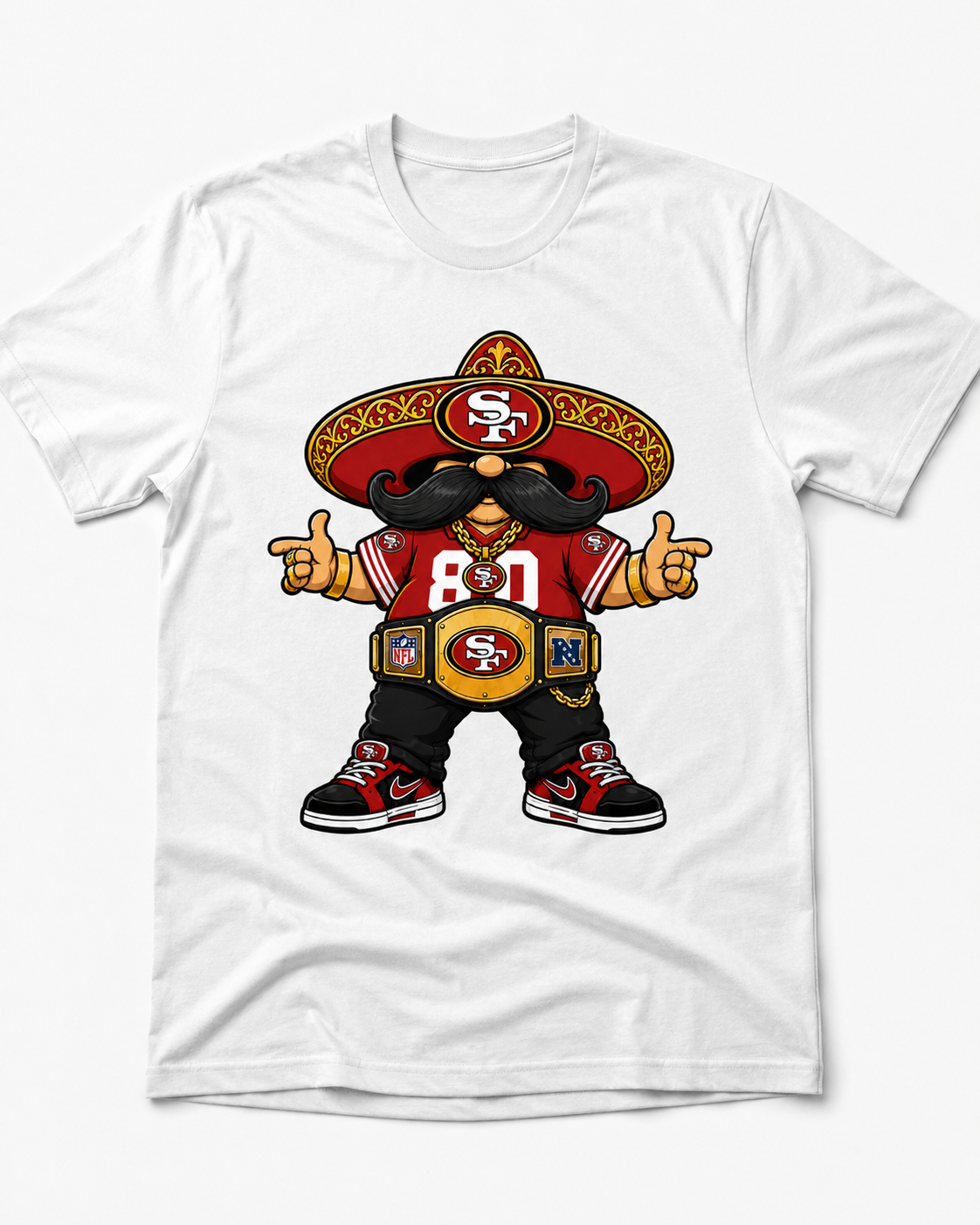 Red and gold Bay Area football fiesta champion sombrero character graphic on white shirt