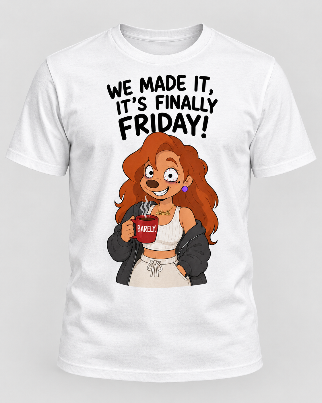 White graphic T-shirt with Finally Friday text and tired red-haired cartoon character holding a red Barely coffee mug