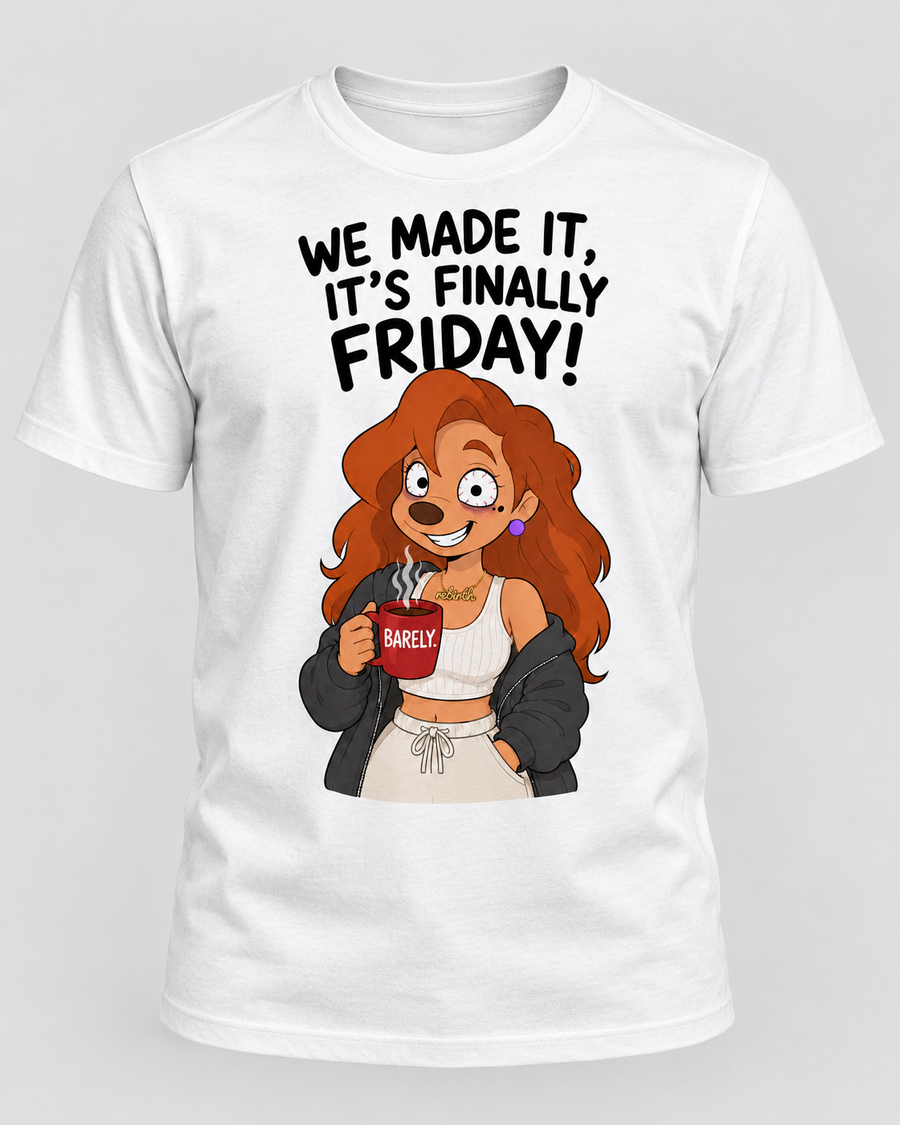 White graphic T-shirt with Finally Friday text and tired red-haired cartoon character holding a red Barely coffee mug