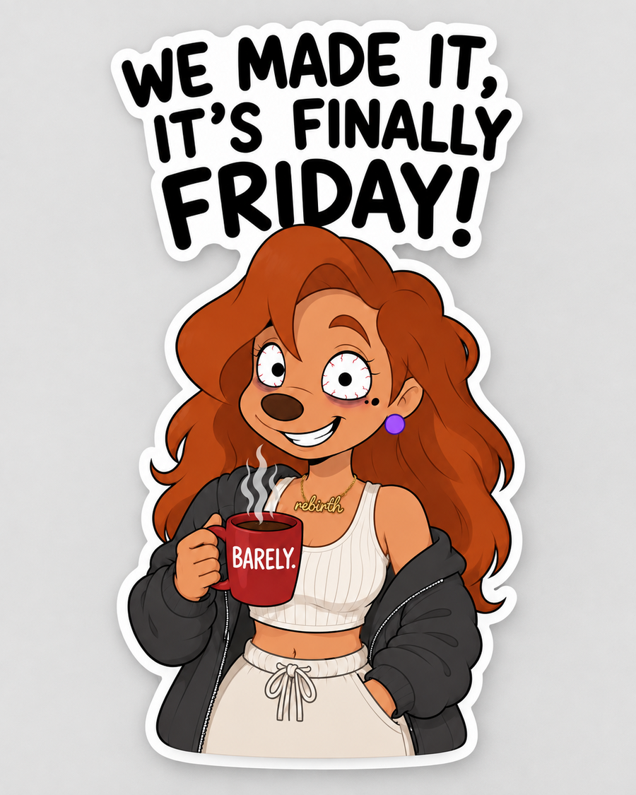 Funny Finally Friday sticker with tired red-haired cartoon character holding a red Barely coffee mug