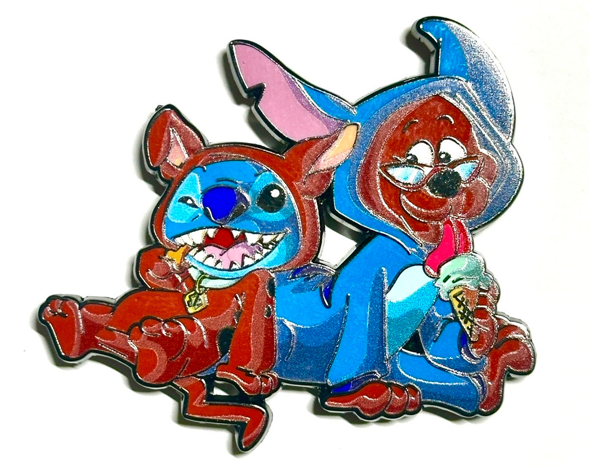 Blue alien fox costume and bunny ice cream duo enamel pin