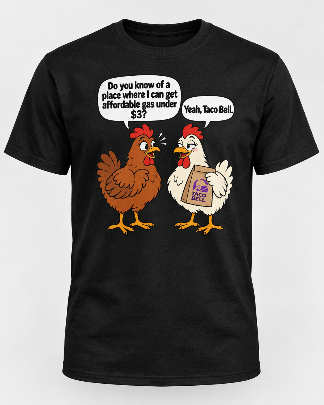 Black graphic T-shirt with funny chicken gas joke cartoon design