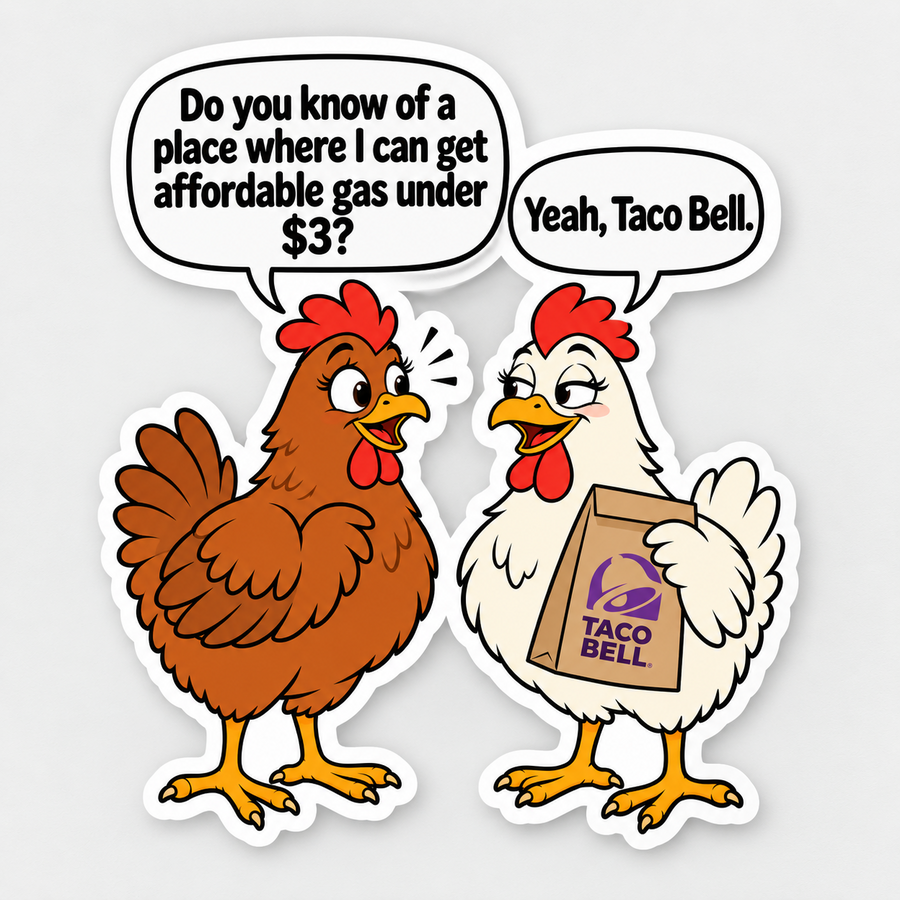 Funny chicken gas joke matte vinyl sticker with two cartoon hens and a fast-food bag