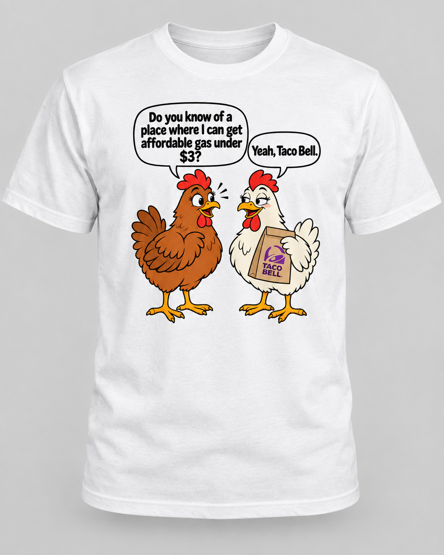 White graphic T-shirt with funny chicken gas joke cartoon design
