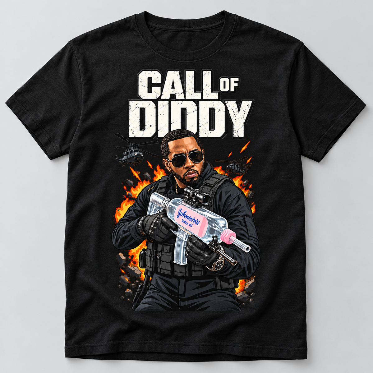 Black graphic T-shirt featuring the colorful tactical parody hero, clear bottle blaster, helicopters and flames