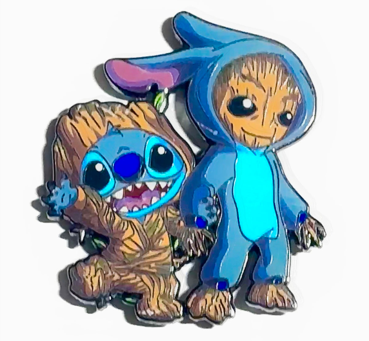 Blue alien furry forest creature and tree costume duo enamel pin
