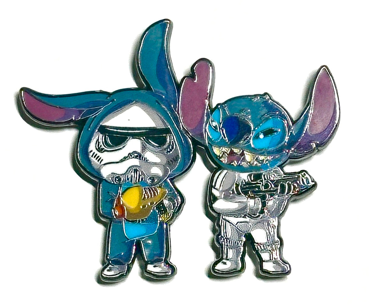 Blue alien and galaxy trooper space armor duo enamel pin