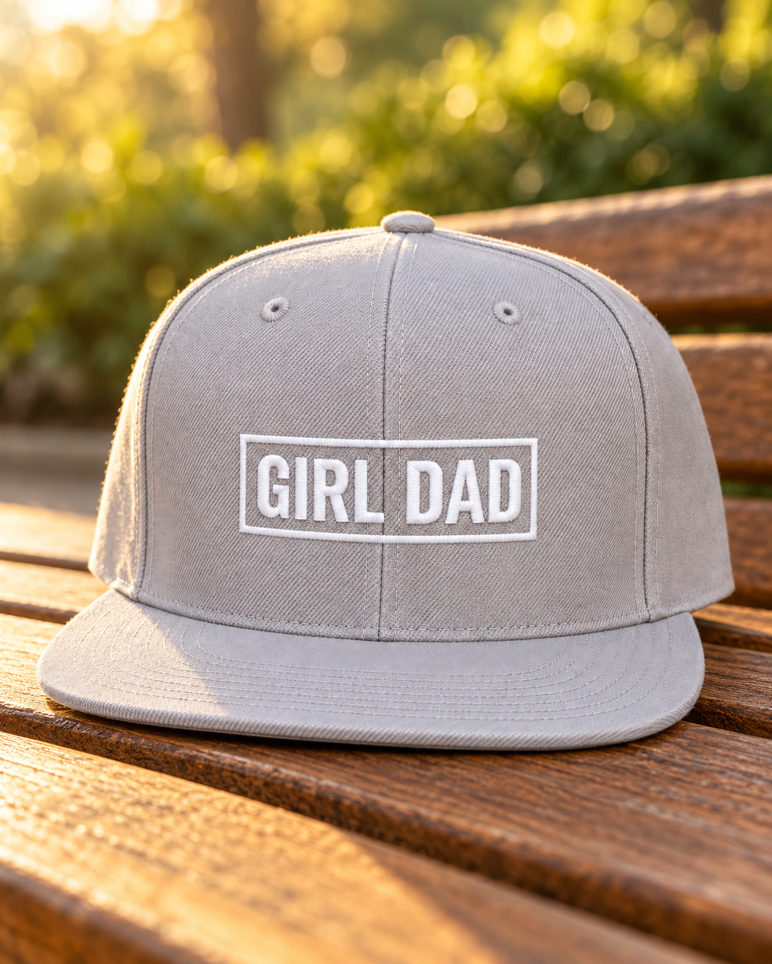 Gray embroidered GIRL DAD snapback hat resting on a wooden park bench in golden afternoon light
