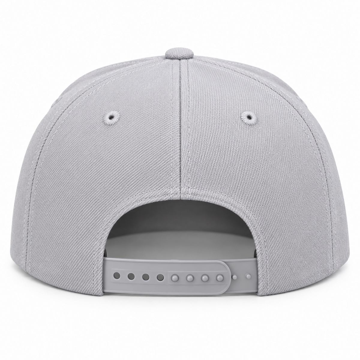 Rear of gray GIRL DAD cap showing its adjustable plastic snapback closure and stitched eyelets