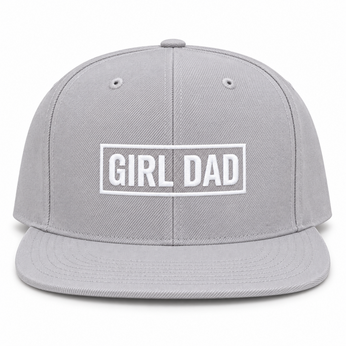 Front view of gray flat-brim snapback hat with white embroidered GIRL DAD lettering in a rectangular border
