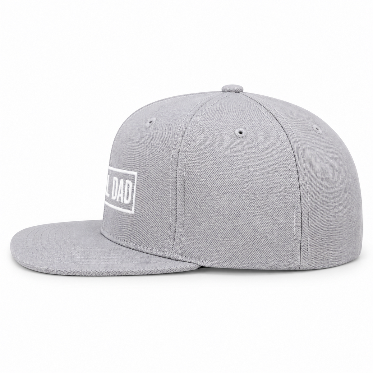 Side profile of gray structured snapback cap showing six-panel stitching and flat brim