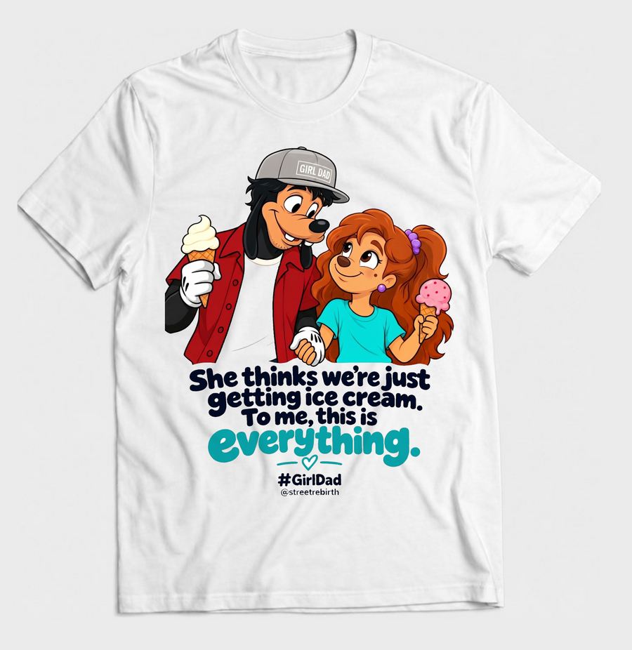 White Girl Dad graphic T-shirt with cartoon dad and daughter holding ice cream and sentimental father-daughter quote