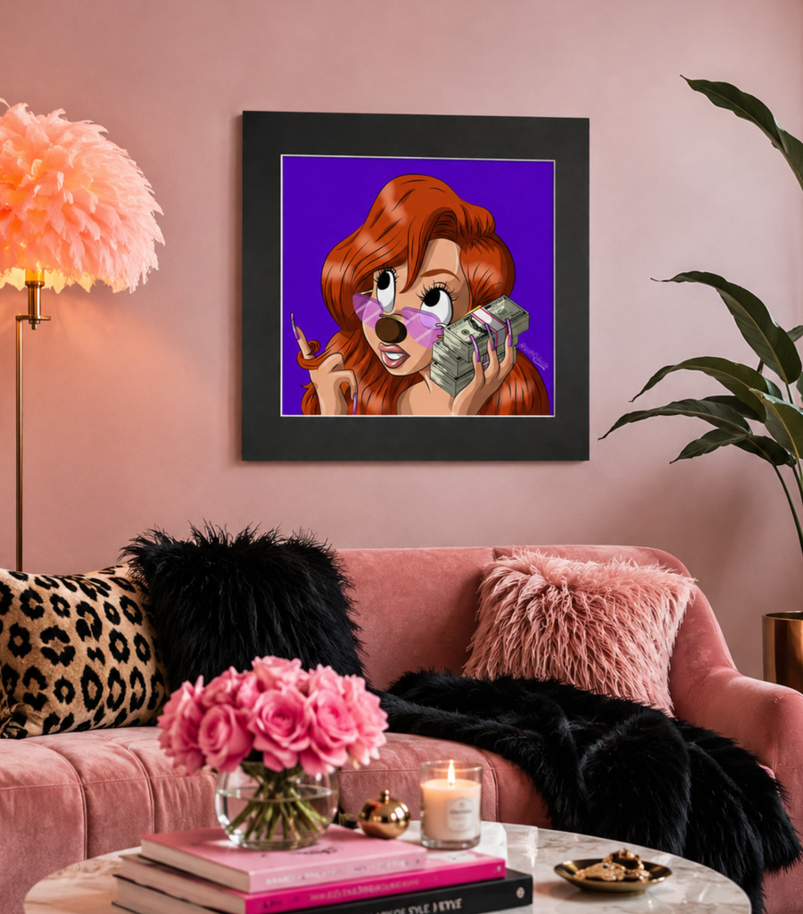 90s cartoon money hustle wall art displayed in a pink living room